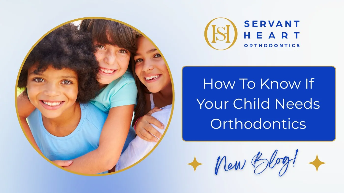 Three smiling children on a Servant Heart Orthodontics blog graphic about children's orthodontics