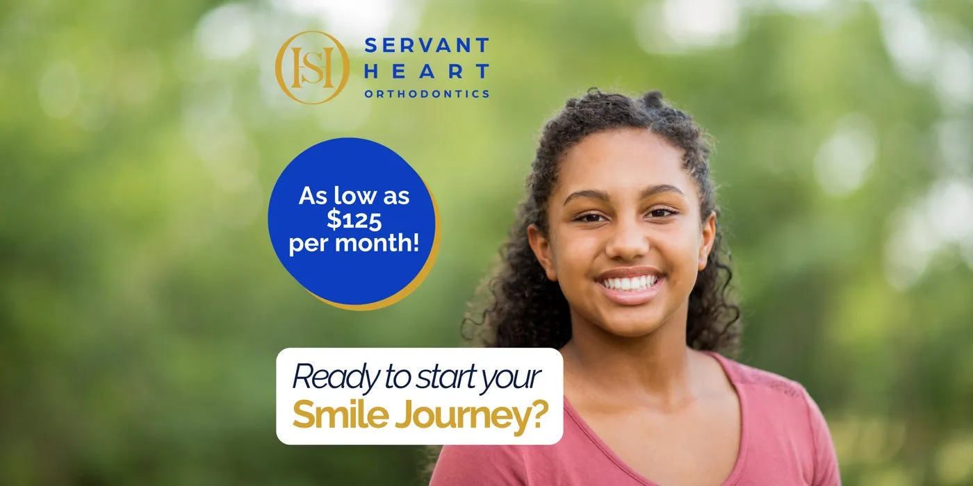 Smiling teen on a Servant Heart Orthodontics graphic advertising orthodontic treatment from $125 per month
