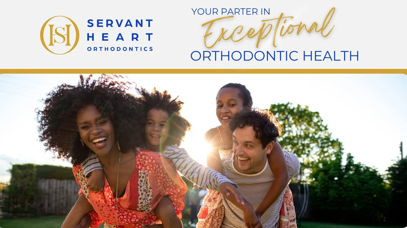 Family playing outdoors on a Servant Heart Orthodontics graphic about exceptional orthodontic health