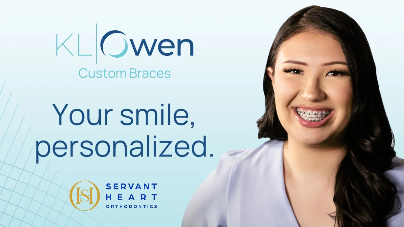 Teen wearing KLOwen custom braces on a Servant Heart Orthodontics graphic reading Your smile, personalized