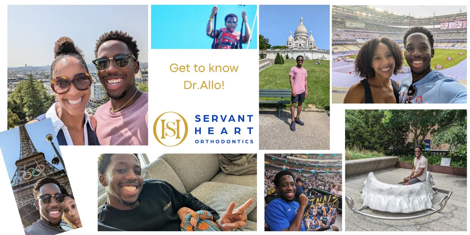 Photo collage of Dr. Ryan Allo travelling and spending time with family, Servant Heart Orthodontics